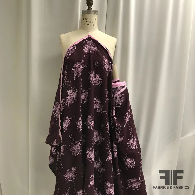 Floral Printed Rayon Crepe - Burgundy / Pink