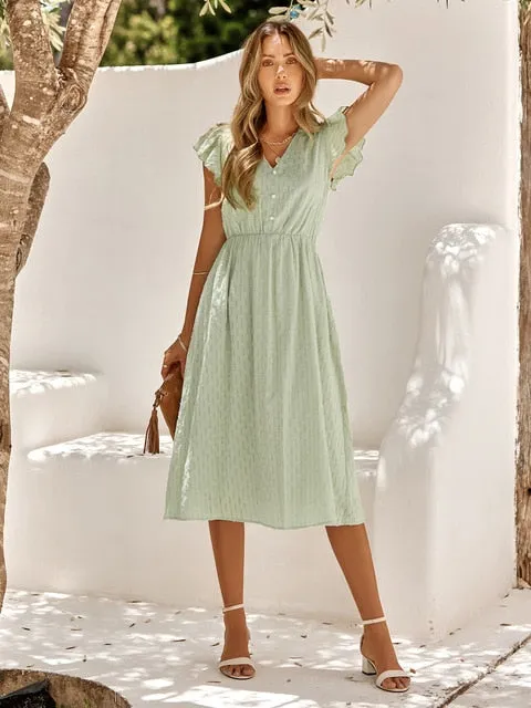 Fresh Summer Style Women V-Neck Tapered Waist Dresses