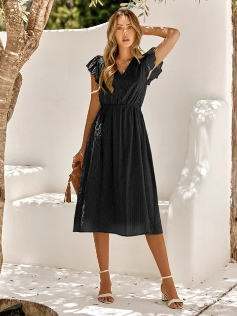 Fresh Summer Style Women V-Neck Tapered Waist Dresses