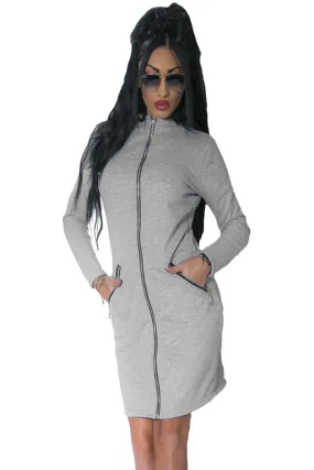 Gray Full-length Zipped Front High Neck Long Sleeve Dress