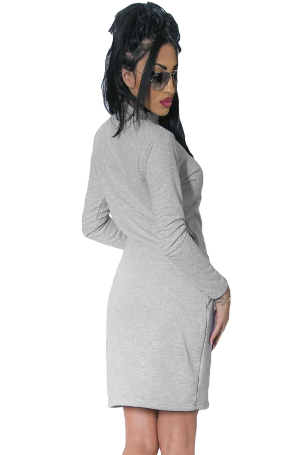 Gray Full-length Zipped Front High Neck Long Sleeve Dress