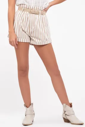 high waist paperbag belted striped short - taupe ivory