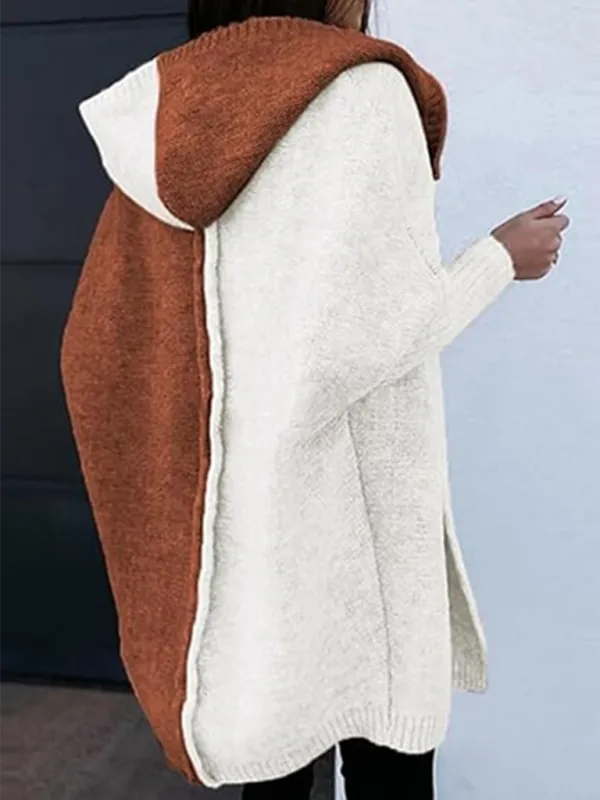 Hooded Cardigan Color Block Knitted Sweater