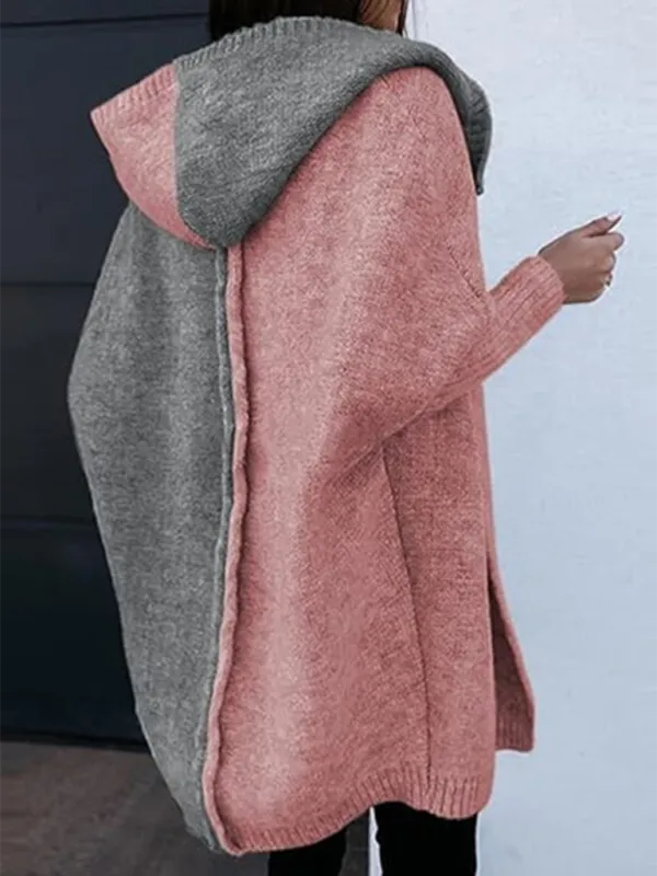 Hooded Cardigan Color Block Knitted Sweater