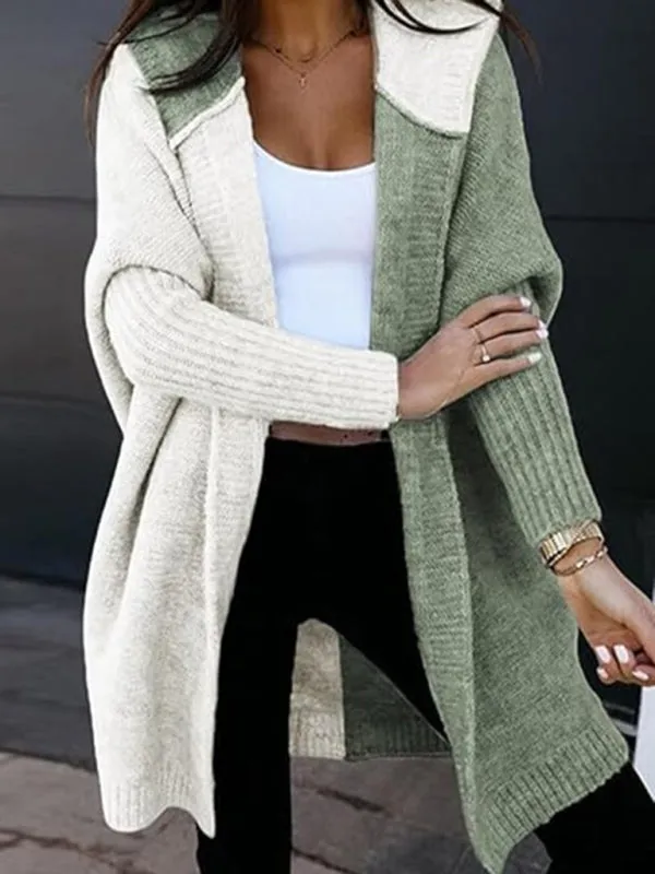 Hooded Cardigan Color Block Knitted Sweater