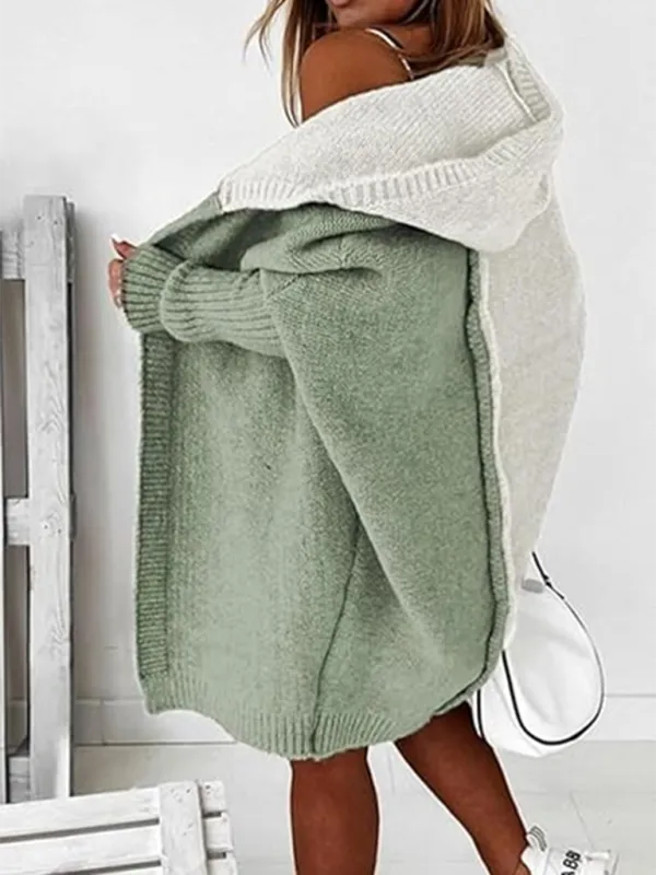 Hooded Cardigan Color Block Knitted Sweater