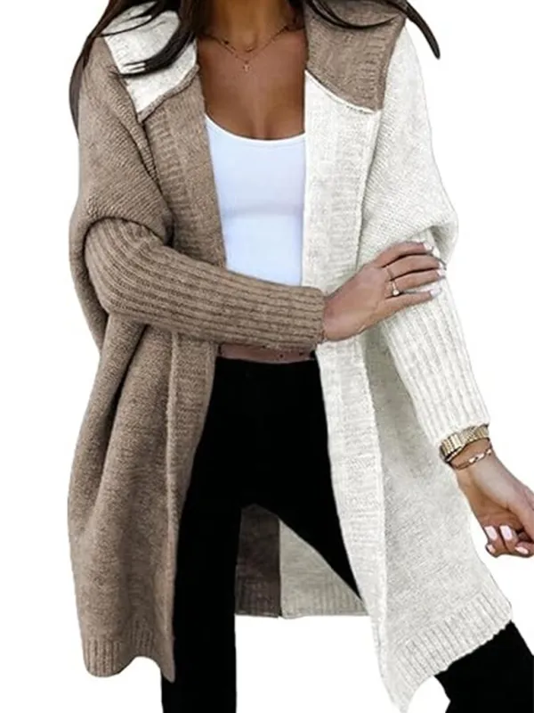 Hooded Cardigan Color Block Knitted Sweater