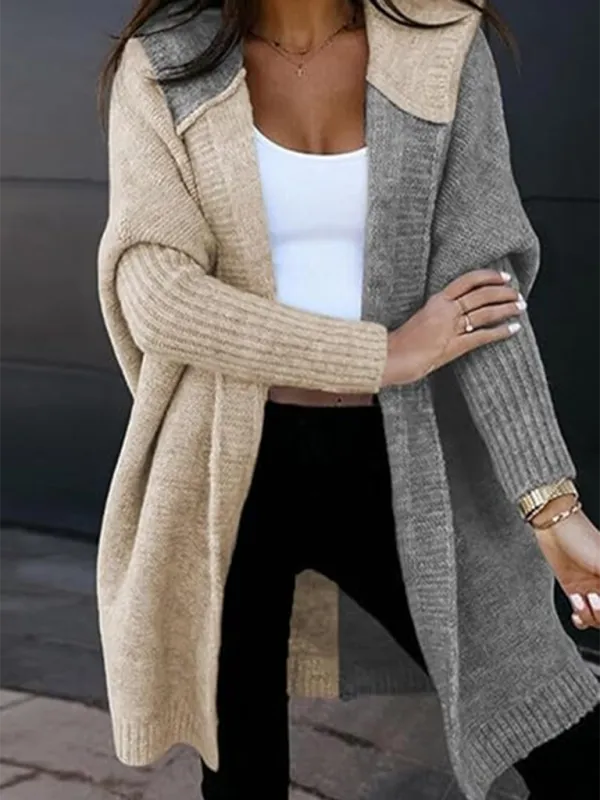 Hooded Cardigan Color Block Knitted Sweater