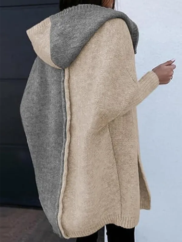 Hooded Cardigan Color Block Knitted Sweater