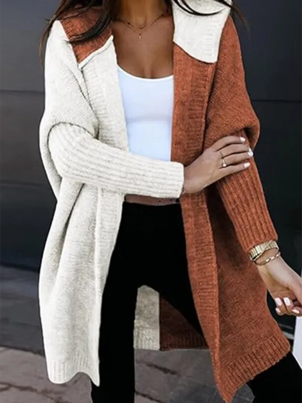 Hooded Cardigan Color Block Knitted Sweater