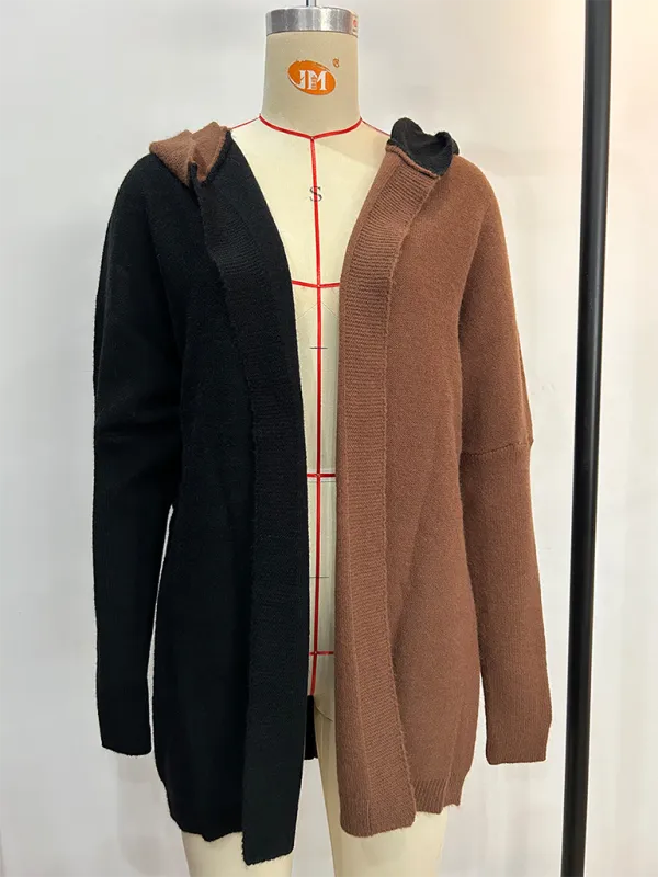 Hooded Cardigan Color Block Knitted Sweater