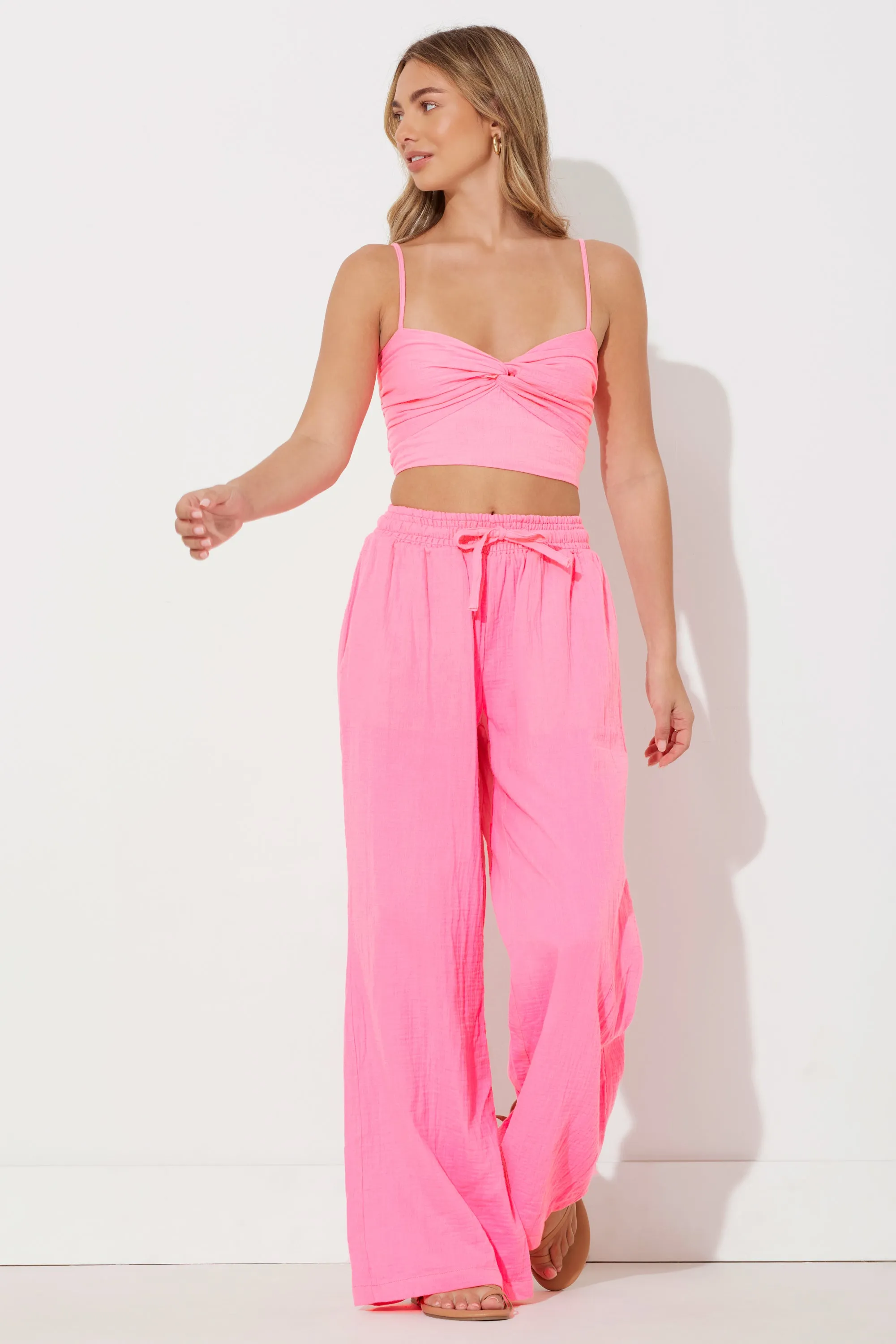 Hot Pink Solid  Gauze Twist Tank