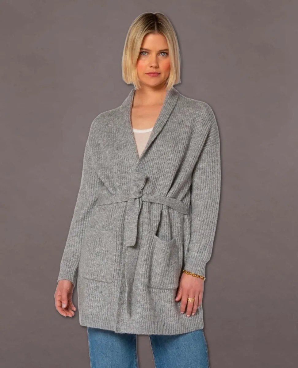 Landon Long Sleeve Open Cardigan Sweater with Tie Belt and Patch Pockets