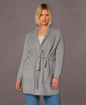 Landon Long Sleeve Open Cardigan Sweater with Tie Belt and Patch Pockets