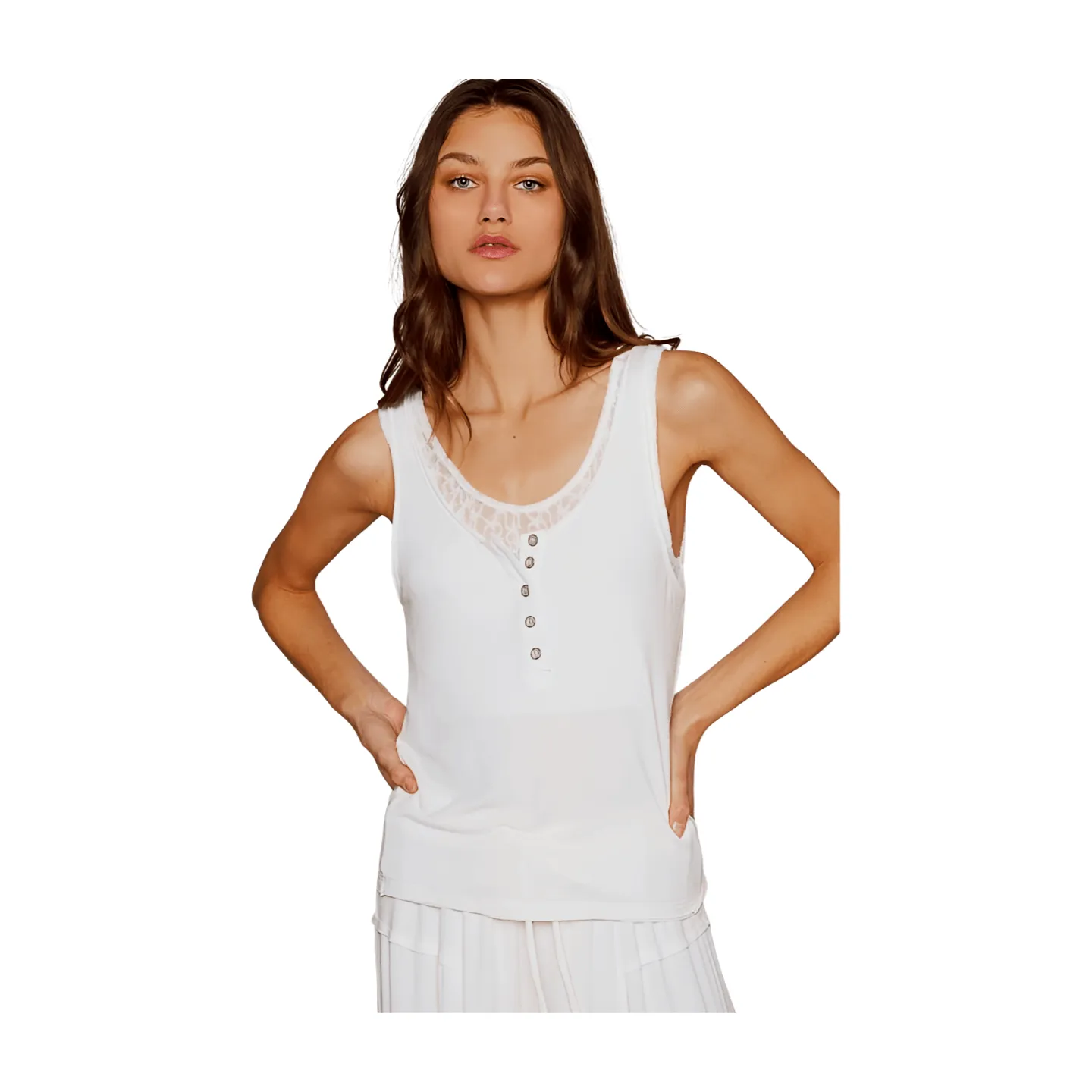 Layered Lace Henley Tank - Off White