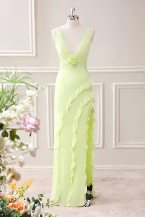 Lemon Sheath Deep V Neck Ruffles Maxi Dress with Slit