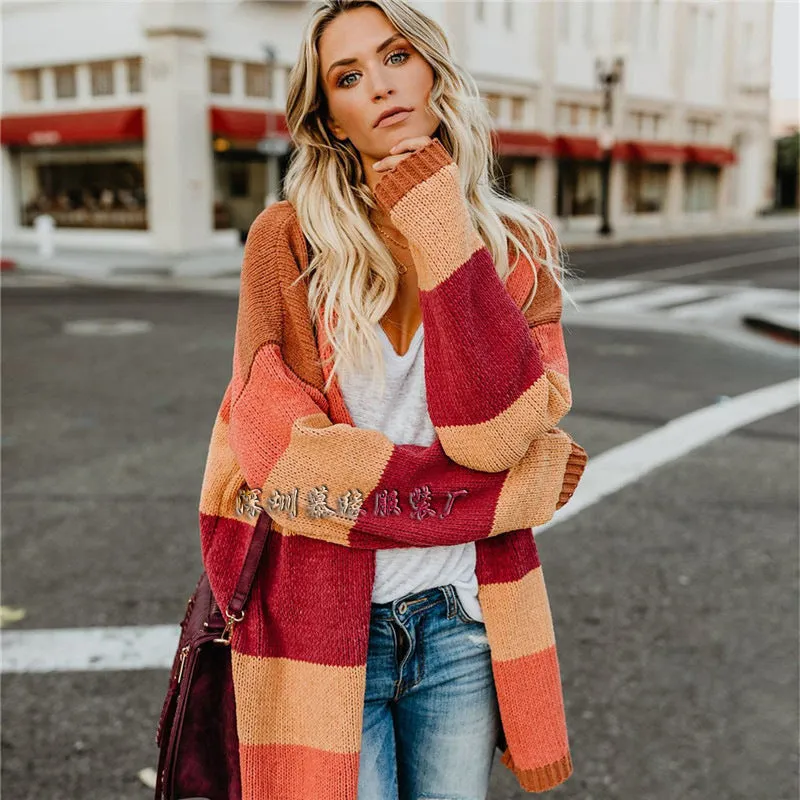 Long Rainbow Stripe Loose Women Cardigan Sweater