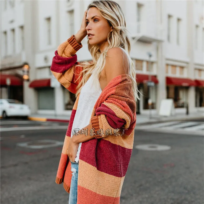 Long Rainbow Stripe Loose Women Cardigan Sweater