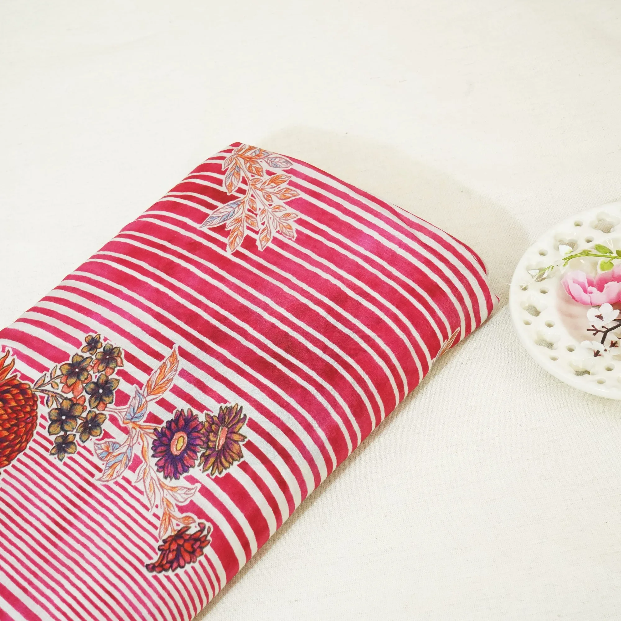 Magenta & White Floral Print Muslin Fabric GT-24666