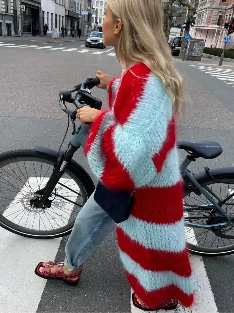 Mqtime Women Stripe Knit Splice Cardigans New Chic Loose Full Sleeve Long Coat Autumn Winter Ladies Casual Street Jacket Knitwear