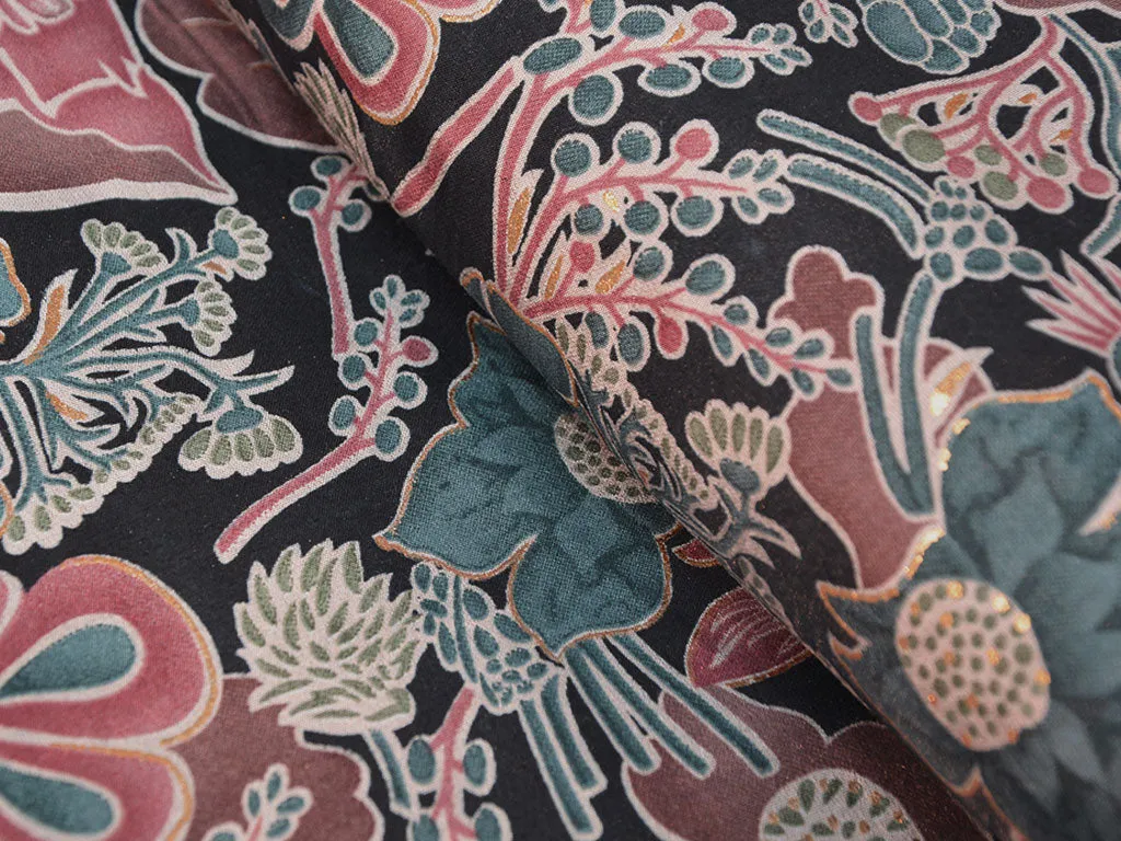 Pink & Blue Floral Motifs Premium Modal Chanderi Silk Fabric