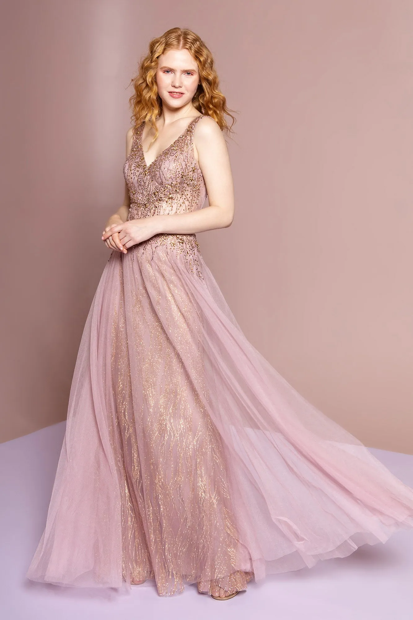 Sheer Bodice V-Neck Glitter Mesh A-Line Dress GLGL2618