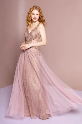 Sheer Bodice V-Neck Glitter Mesh A-Line Dress GLGL2618