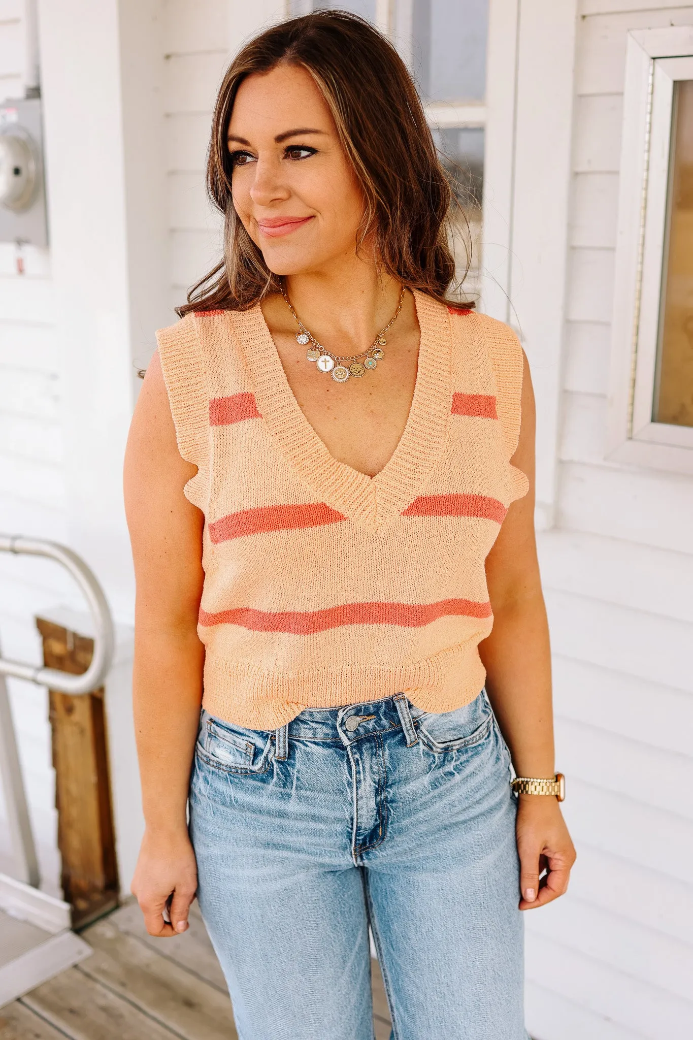 Sierra V-Neck Striped Crop Vest - Coral