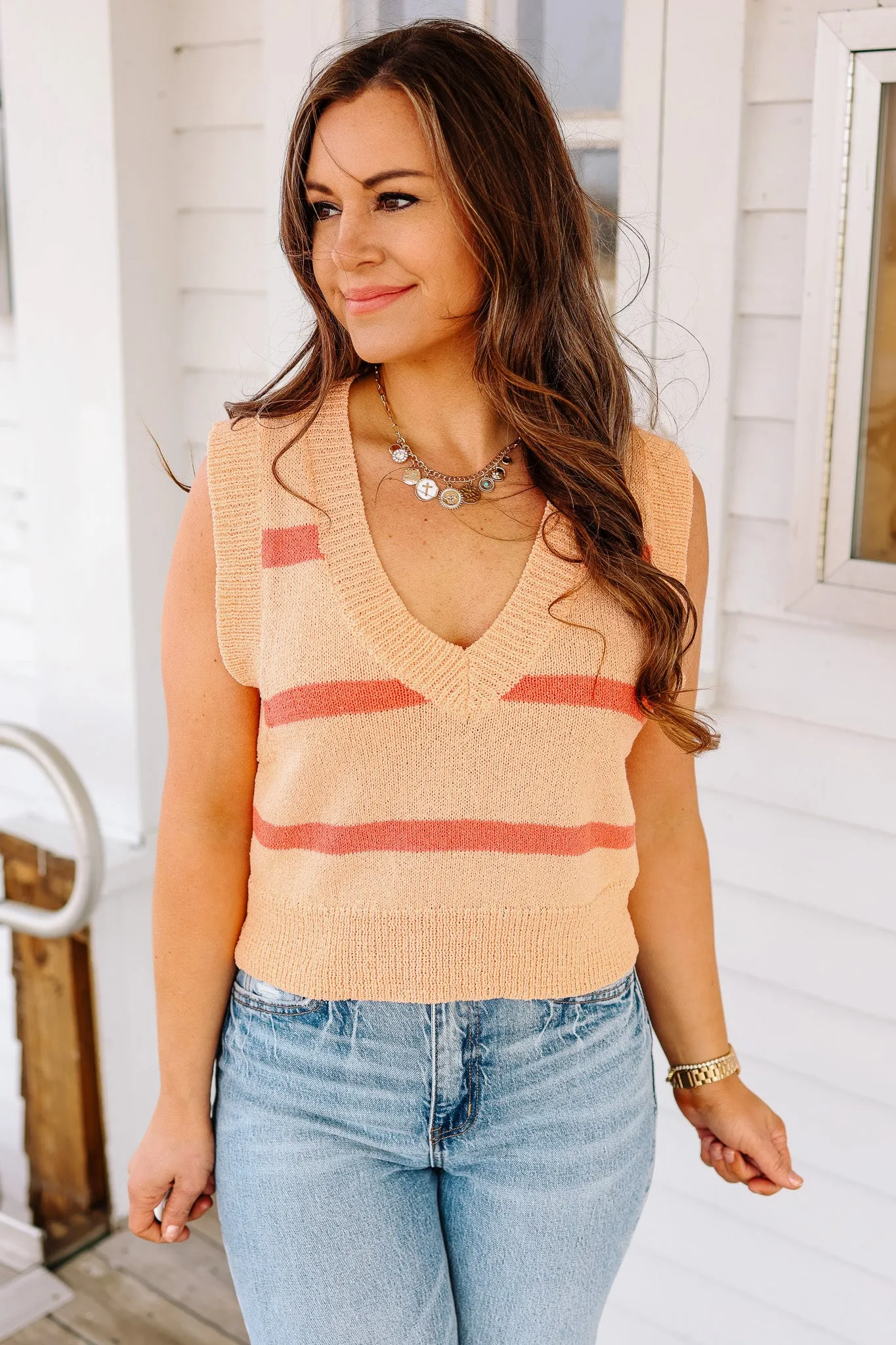 Sierra V-Neck Striped Crop Vest - Coral