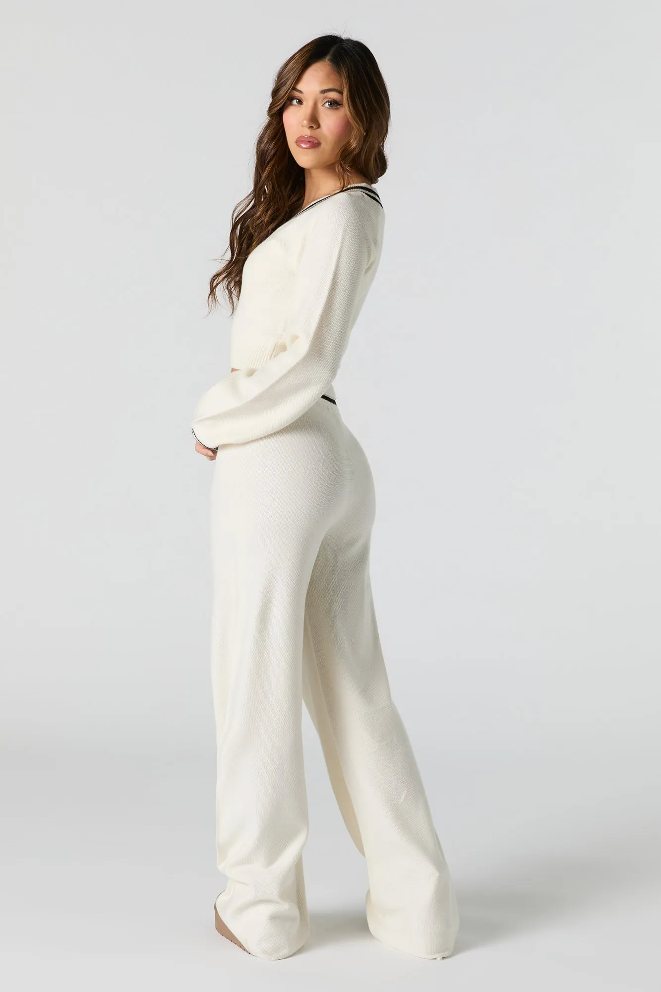 Striped Trim Knit Wide Leg Pant