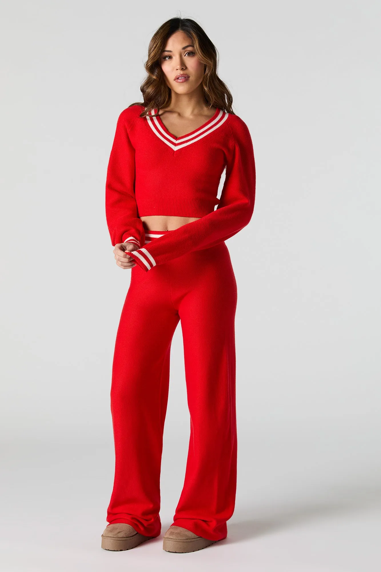 Striped Trim Knit Wide Leg Pant