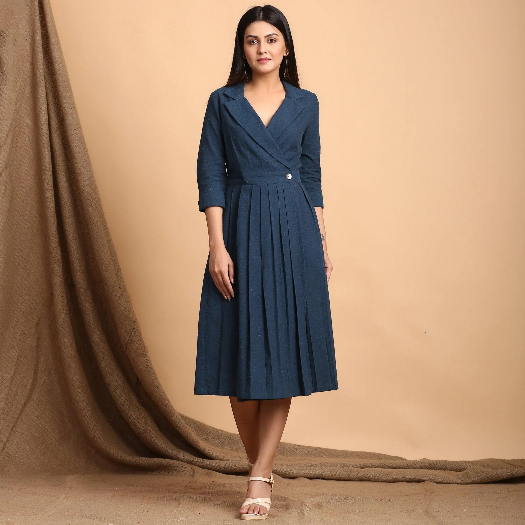 Teal Notched Collar Cotton Knee Length Wrap Dress