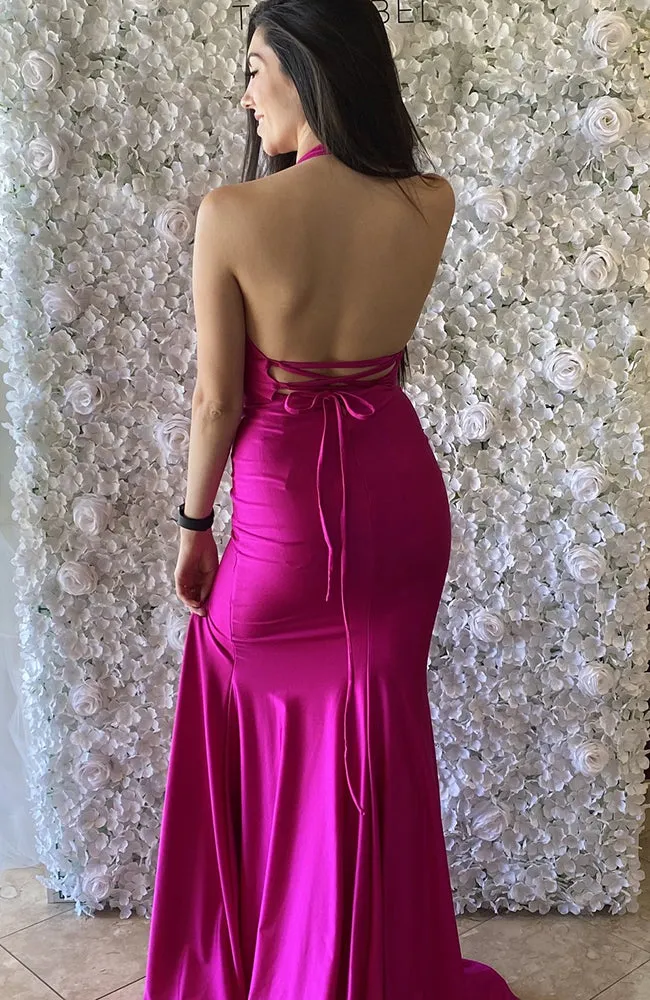 V-Neck Halter Gown Dress with Slit Robe de Bal