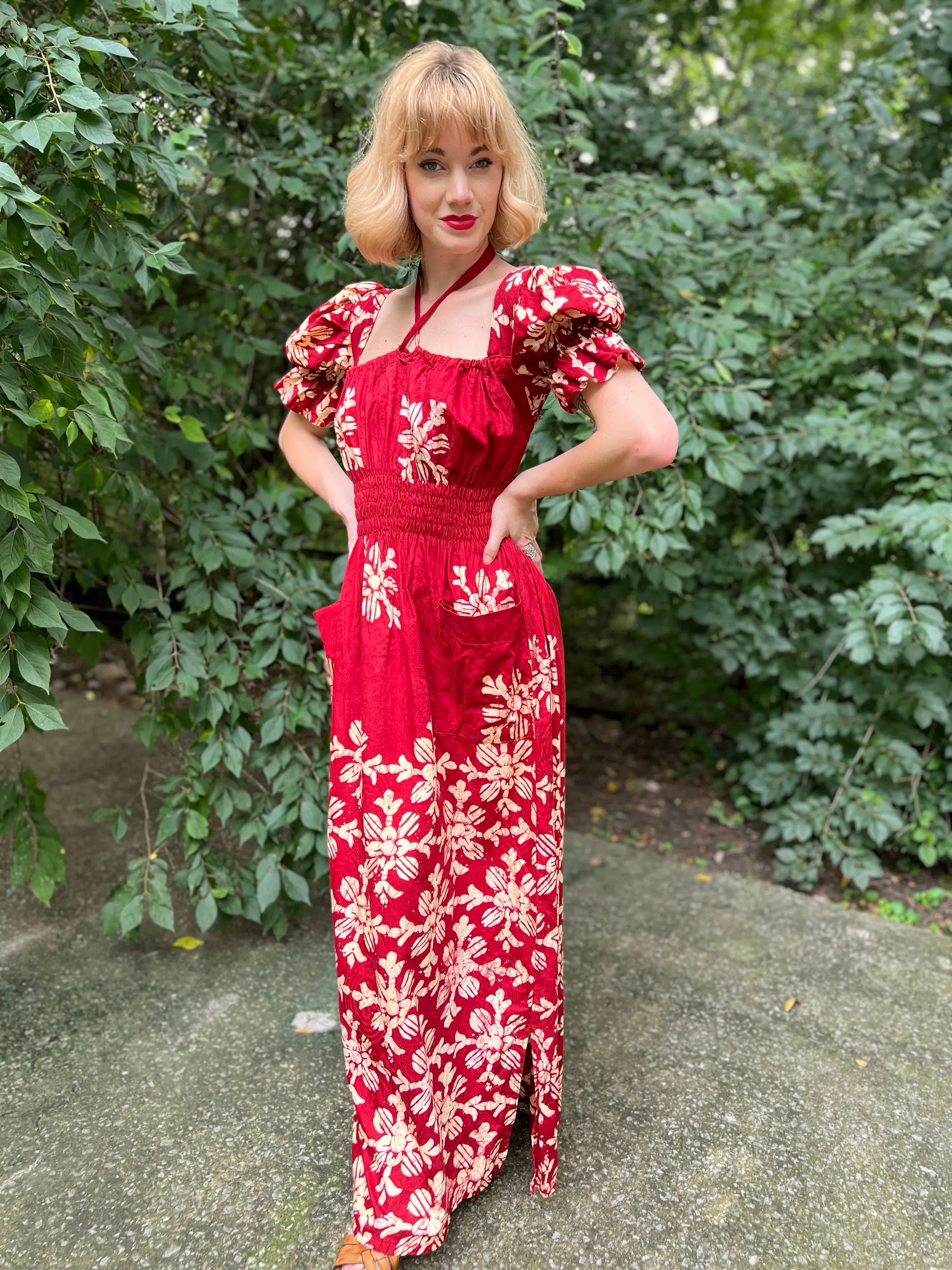Vintage 70s Burgundy Indian Batik Cotton Maxi Dress