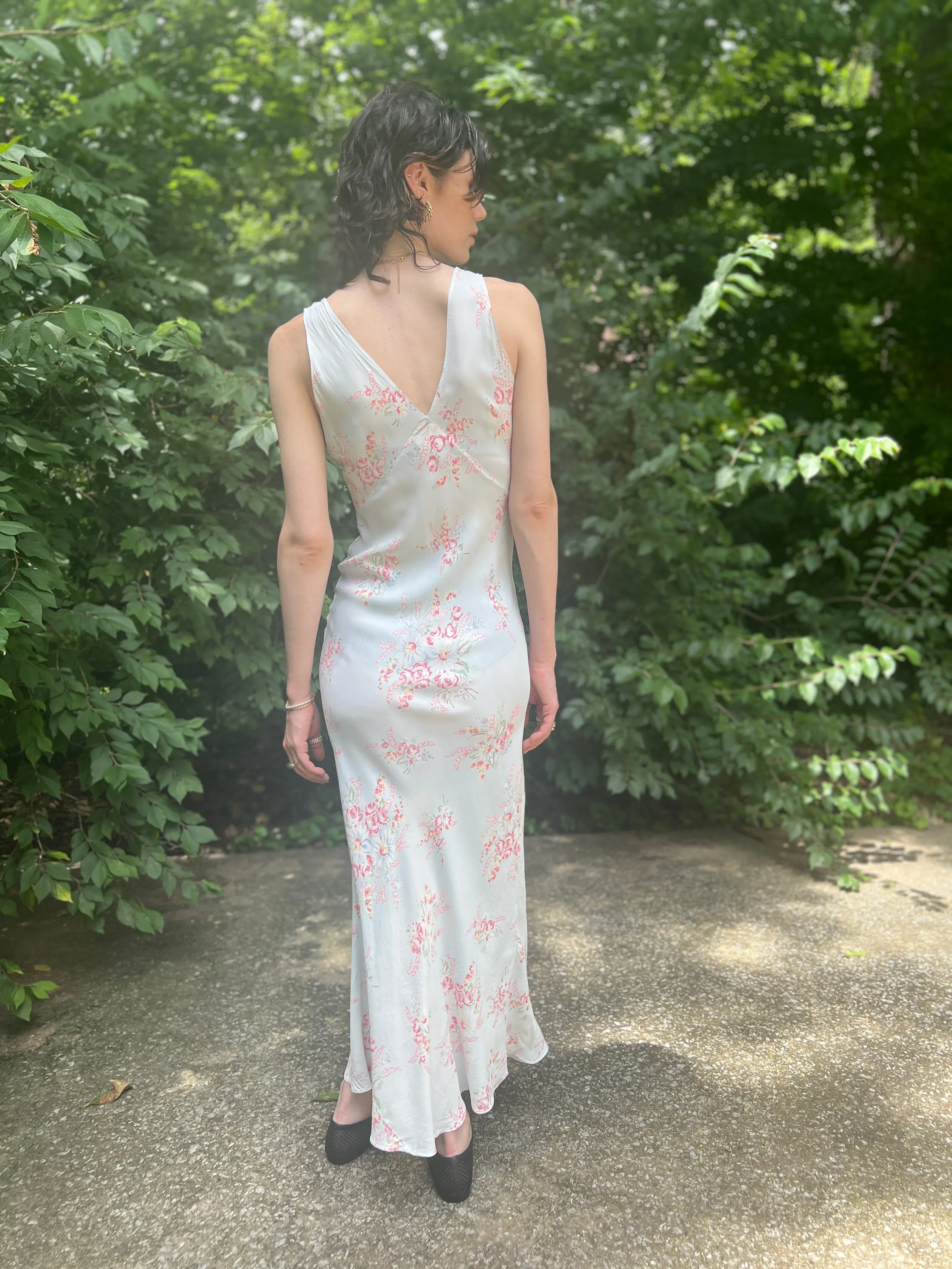 Vintage Blue Floral Bias Cut Dress Gown