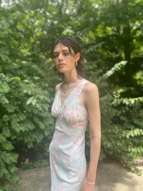 Vintage Blue Floral Bias Cut Dress Gown