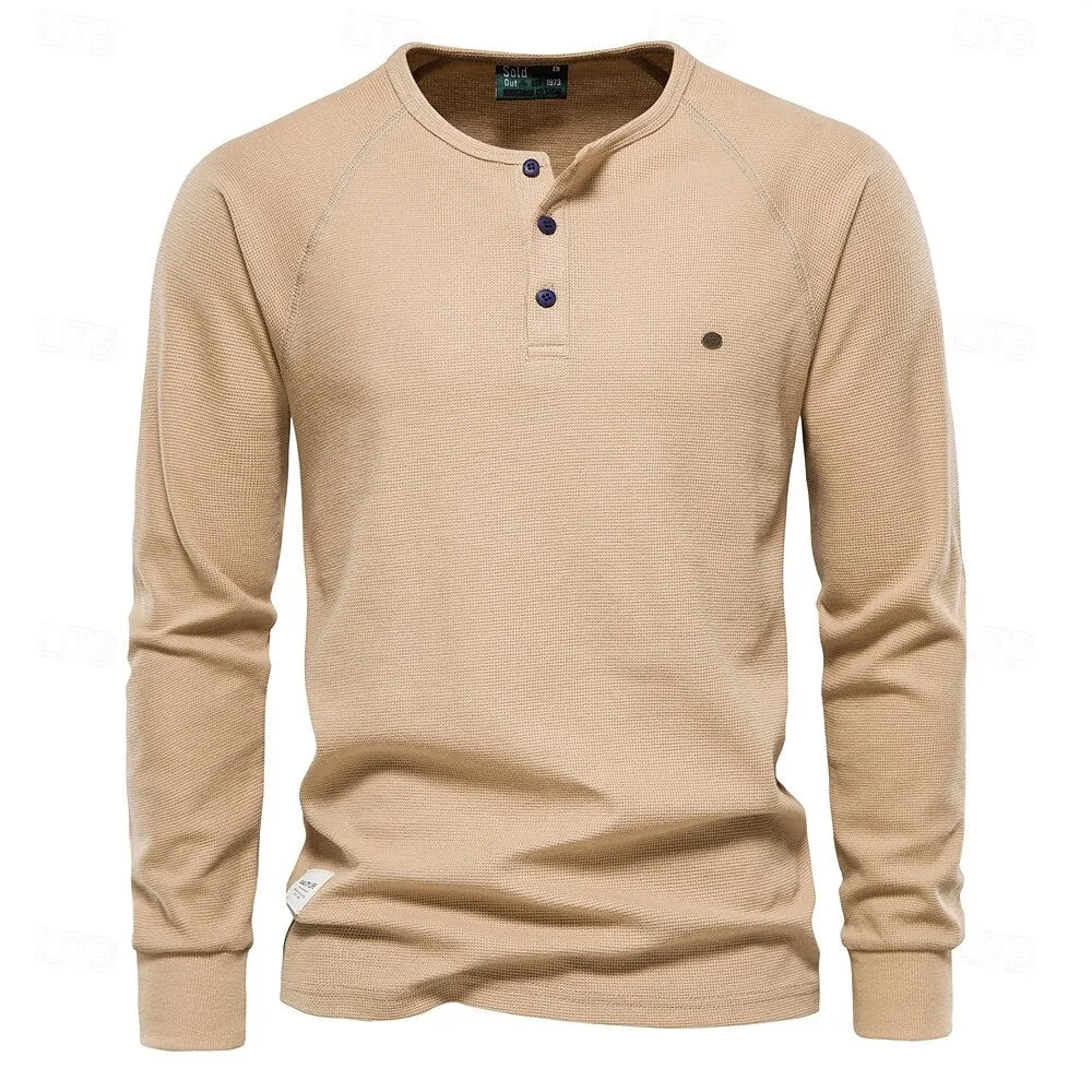 Waffle Henley Basic Long Sleeves T-Shirt