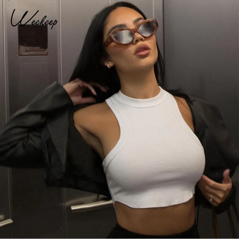 Weekeep Sleeveless Rib Knit White Casual Tank Top Women's Summer