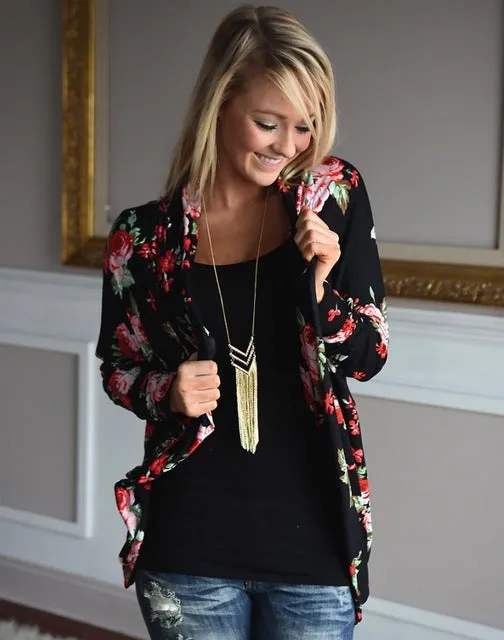 Woman Long Sleeve Loose Coat Floral Print Cardigans