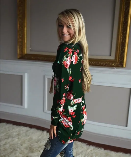 Woman Long Sleeve Loose Coat Floral Print Cardigans