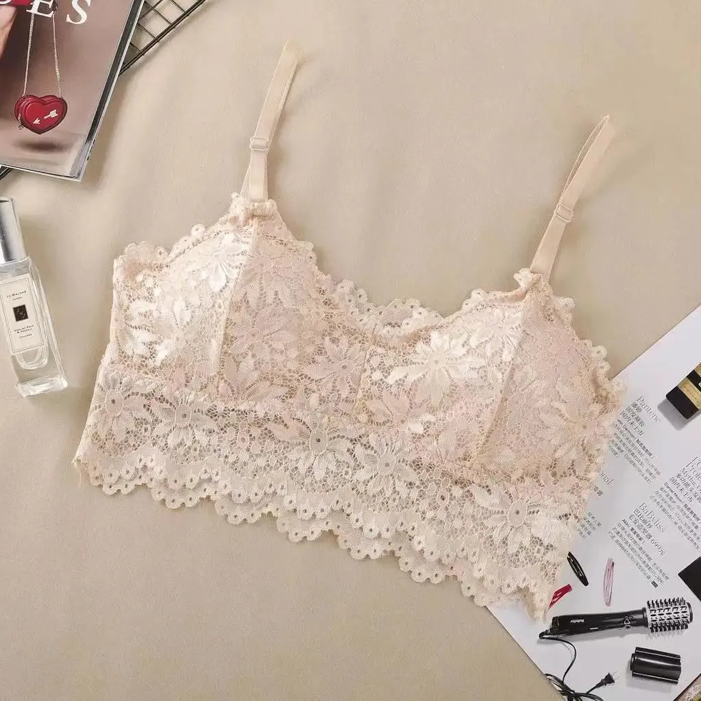 Women Fashion Sexy Lace Beauty Back Sling Bottoming Underwear French Style Inside Gathers Hollow Wrapped Chest No Steel Ring Bra