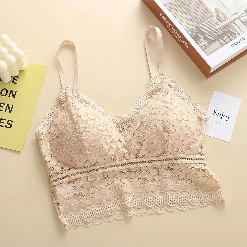 Women Fashion Sexy Lace Beauty Back Sling Bottoming Underwear French Style Inside Gathers Hollow Wrapped Chest No Steel Ring Bra