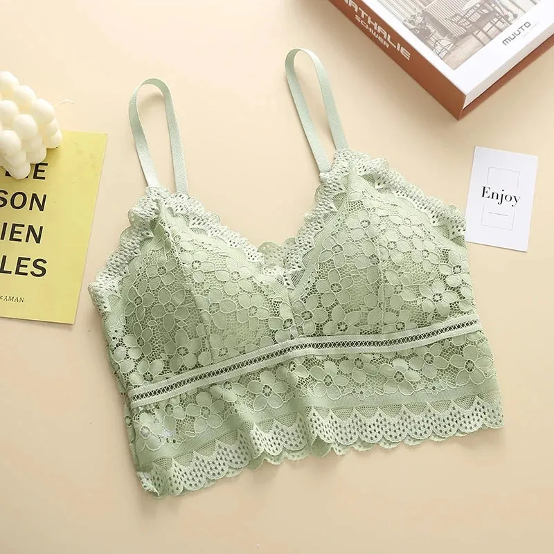 Women Fashion Sexy Lace Beauty Back Sling Bottoming Underwear French Style Inside Gathers Hollow Wrapped Chest No Steel Ring Bra