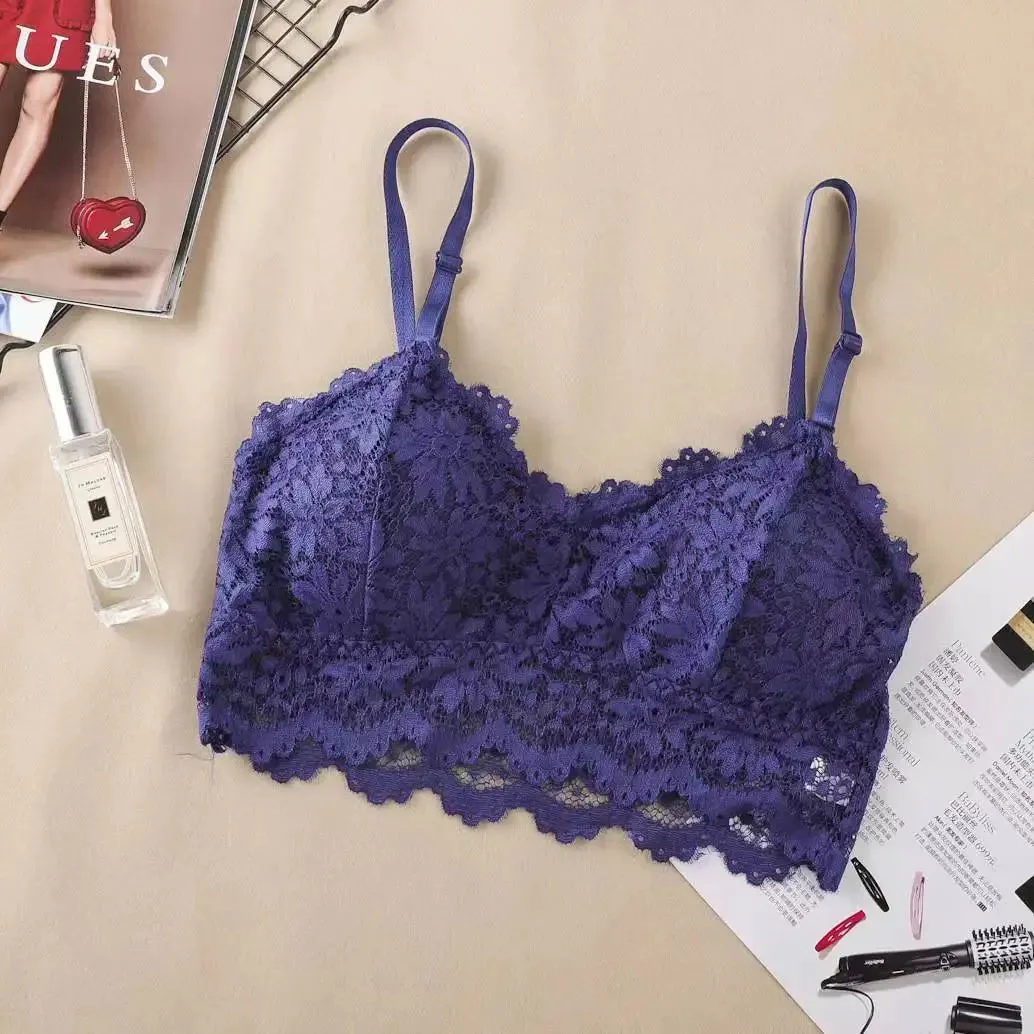 Women Fashion Sexy Lace Beauty Back Sling Bottoming Underwear French Style Inside Gathers Hollow Wrapped Chest No Steel Ring Bra