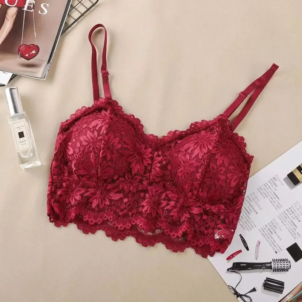 Women Fashion Sexy Lace Beauty Back Sling Bottoming Underwear French Style Inside Gathers Hollow Wrapped Chest No Steel Ring Bra