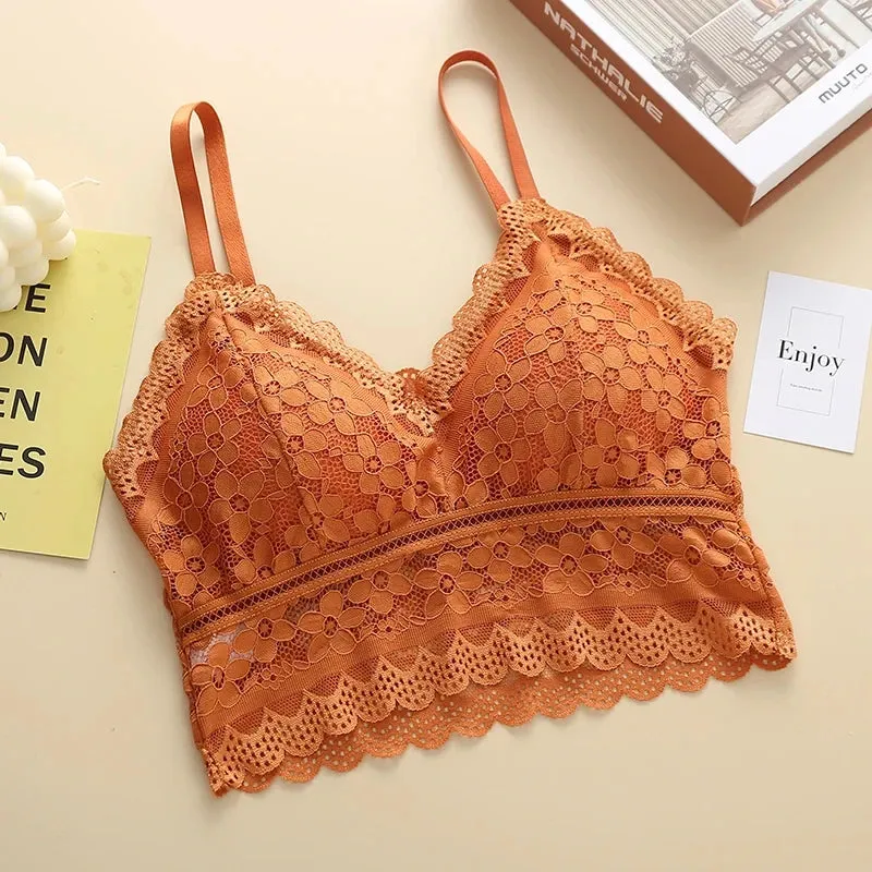 Women Fashion Sexy Lace Beauty Back Sling Bottoming Underwear French Style Inside Gathers Hollow Wrapped Chest No Steel Ring Bra